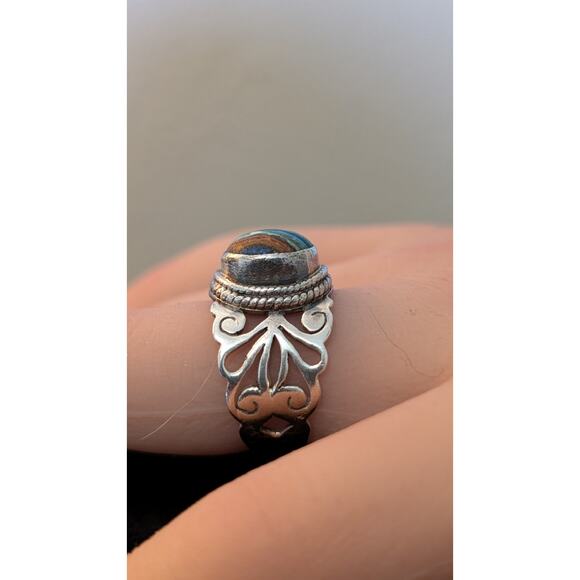 925 Sterling Filigree Rainbow Calsilica Stone Ring Size 6.25 - Picture 10 of 10